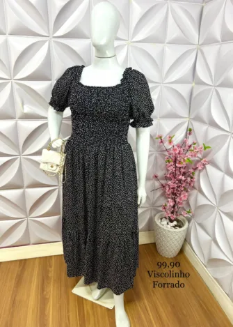 Vestido Pluss com Lastex e Manga Princesa Carol - Preto - Milla Chic