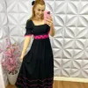 Vestido Sarja com Guipper Longo Maria Alice - Preto com Rosa - Milla Chic