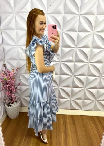Vestido Tricoline 100% Algodão Manga Babadinho Listrado Eloá - Azul e Branco - Milla Chic