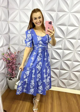 Vestido Tricoline Mídi Floral Agnes - Azul - Milla Chic
