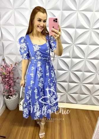 Vestido Tricoline Mídi Floral Agnes - Azul - Milla Chic