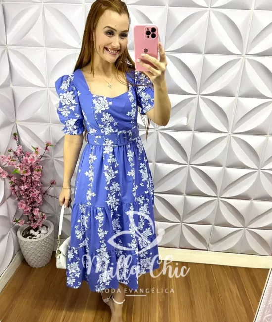 Vestido Tricoline Mídi Floral Agnes - Azul - Milla Chic