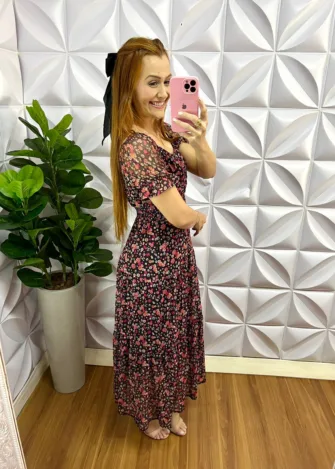 Vestido Tule Floral Longo Fabiola - Preto - Milla Chic