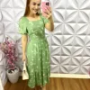 Vestido Viscolinho Estampado Decote Quadrado Edna - Verde - Milla Chic