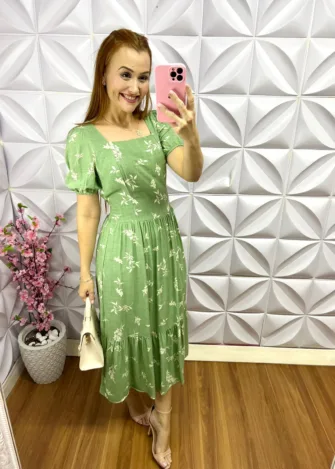 Vestido Viscolinho Estampado Decote Quadrado Edna - Verde - Milla Chic