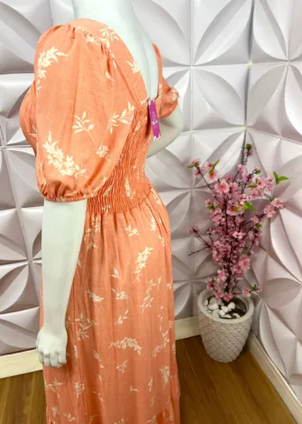 Vestido Viscolinho Estampado Longo Pluss Elisy - Peach Fuzz - Milla Chic