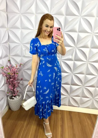 Vestido Viscolinho Estampado Longo Tamanho Unico Elisy - Azul -  U - Milla Chic