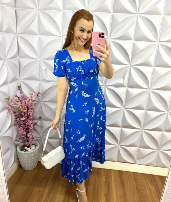 Vestido Viscolinho Estampado Longo Tamanho Unico Elisy - Azul -  U - Milla Chic