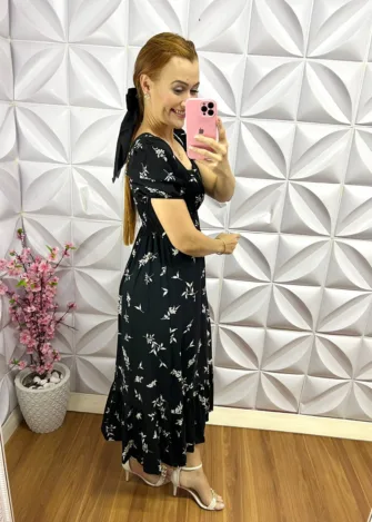 Vestido Viscolinho Estampado Longo Tamanho Unico Elisy - Preto - U - Milla Chic