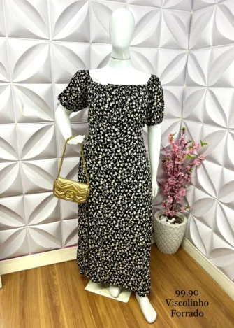 Vestido Viscolinho Estampado Pluss Elis - Preto - Milla Chic