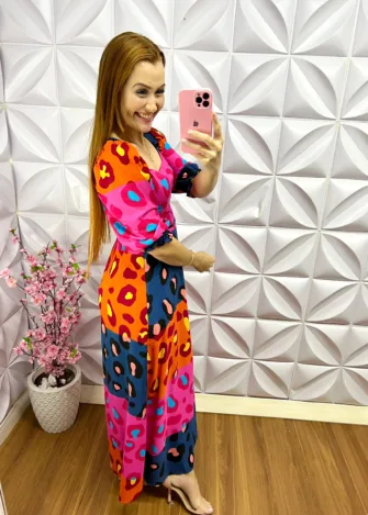 Vestido Viscolinho Estampado Raquele - Oncinha Colorida - Milla Chic