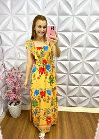 Vestido Viscolinho Manga Babadinho Longo Larayne - Amarelo - Milla Chic