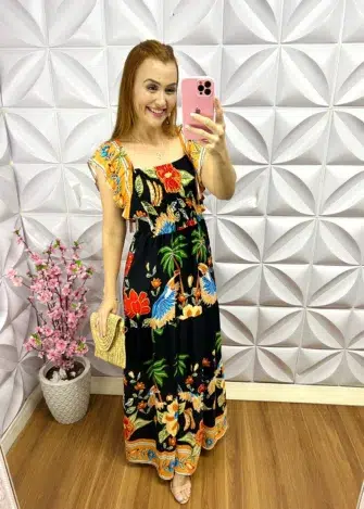 Vestido Viscolinho Manga Babadinho Longo Larayne - Preto - Milla Chic