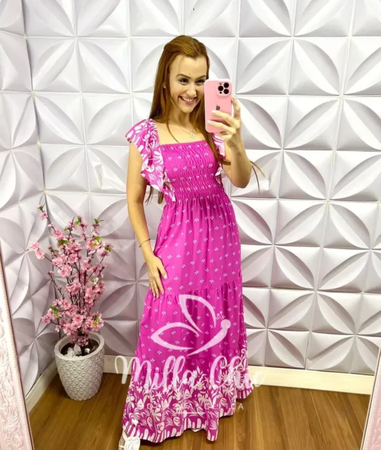 Vestido Viscolinho Manga Babadinho Longo Larayne - Rosa - Milla Chic