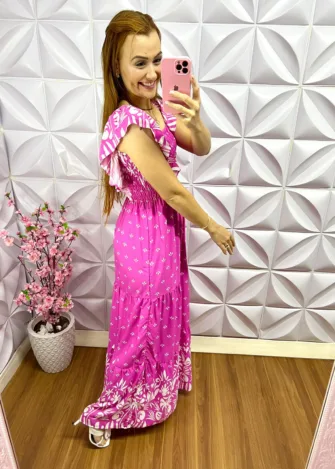 Vestido Viscolinho Manga Babadinho Longo Larayne - Rosa - Milla Chic