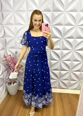 Vestido Viscolinho Manga Raglan Longo Lorrayne - Azul Marinho - Milla Chic