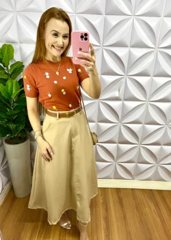 Blusa Tricot Modal Bordada Carol - Terra Cota - Milla Chic