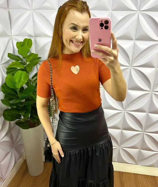 Blusa Tricot Modal Com Recorte Em Formato De Coração Juliete - Terra Cota - Milla Chic