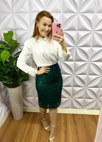 Camisa Cetim Com Bordado De Richelieu Manga Longa Lavínia - Branco - Milla Chic