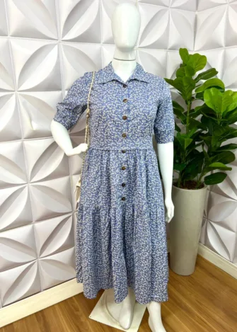 Chamise Tricoline Floral Pluss Lary - Azul - Milla Chic