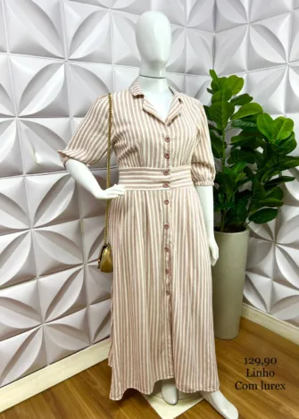 Chemise Linho Com Lurex Manga 7/8 Longo Valeria - Areia Com Rosa - Milla Chic