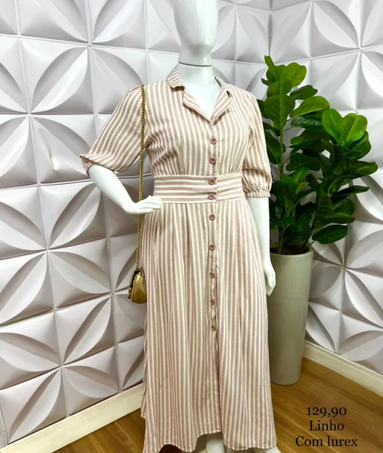 Chemise Linho Com Lurex Manga 7/8 Longo Valeria - Areia Com Rosa - Milla Chic