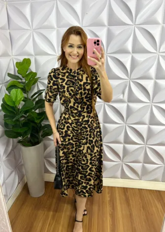 Chemise Crepinho Manga 3/4 Mídi Estampado Saraine - Onça - Milla Chic