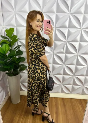 Chemise Crepinho Manga 3/4 Mídi Estampado Saraine - Onça - Milla Chic