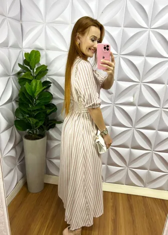 Chemise Linho Com Lurex Manga 7/8 Longo Valeria - Areia Com Rosa - Milla Chic
