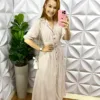 Chemise Linho Com Lurex Manga 7/8 Longo Valeria - Areia Com Rosa - Milla Chic