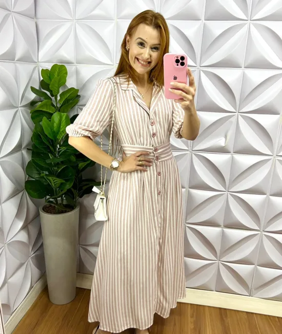 Chemise Linho Com Lurex Manga 7/8 Longo Valeria - Areia Com Rosa - Milla Chic