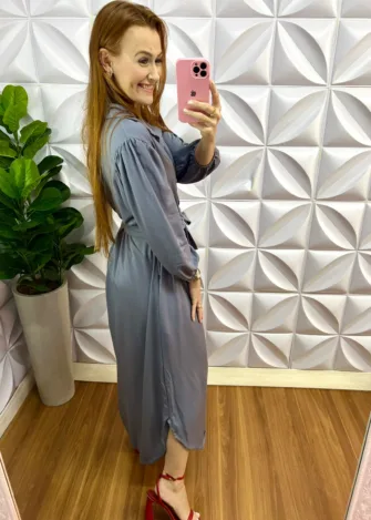 Chemise Sarja Mídi Com Manga Longa Eduarda - Cinza - Milla Chic