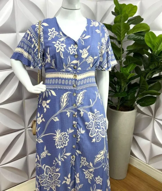 Chemise Viscolinho Manga Raglan Longo Marcela - Azul - Milla Chic