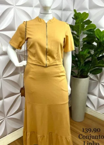 Conjunto Linho Blusa Com Zíper Saia Longa Penélope - Mostarda - Milla Chic