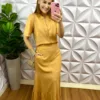 Conjunto Linho Blusa Com Zíper Saia Longa Penélope - Mostarda - Milla Chic