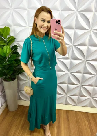 Conjunto Linho Blusa Com Zíper Saia Longa Penélope - Verde - Milla Chic