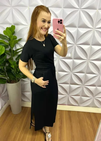 Conjunto Tecido Moletinho Saia Longa Marcia - Preto - Milla Chic