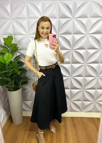 Saia Alfaiataria Longuete Com Cinto Lorena - Preto - Milla Chic