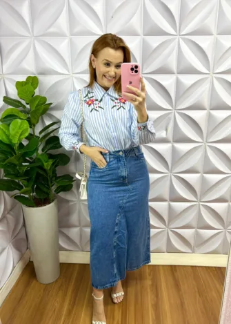 Saia Jeans Clara Mídi Evase Debora - Azul - Milla Chic