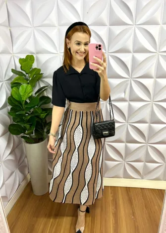 Saia Tricô Midi Com Pala Na Cintura Elara - Preto Com Areia - Milla Chic