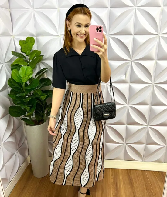 Saia Tricô Midi Com Pala Na Cintura Elara - Preto Com Areia - Milla Chic
