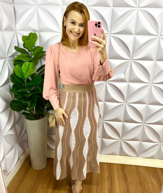 Saia Tricô Midi Com Pala Na Cintura Elara - Rose Com Areia - Milla Chic