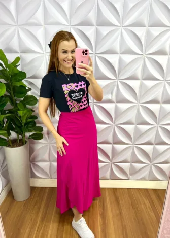 Tshirt com Frase Silcada Malha de Algodão Maiby - Preta - Milla Chic