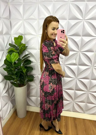 Vestido Alfaiataria Saia Plissada Com Lastex e Manga Princesa Mariana - Preto e Roxo - Milla Chic