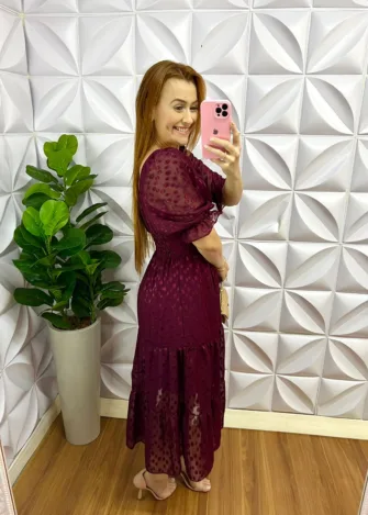 Vestido Chiffon Com Lurex Midi Estela - Marsala - Milla Chic
