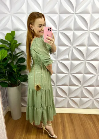 Vestido Chiffon Com Lurex Midi Estela - Verde - Milla Chic