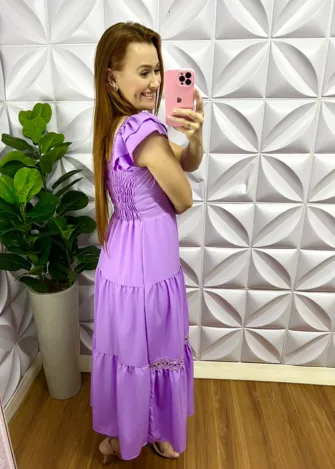 Vestido Crepe Alfaiataria Manga Babadinho Com Guipper Jussara - Lavanda - Milla Chic