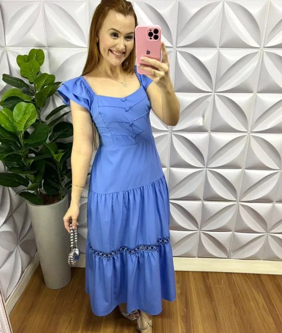 Vestido Crepe Alfaiataria Manga Babadinho Com Guipper Jussara - Julia - Milla Chic