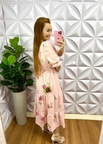 Vestido Crepe De Seda Floral Mídi Carine - Rosa - Milla Chic