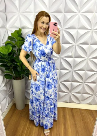 Vestido Crepe De Seda Floral Longo Marta - Azul - Milla Chic